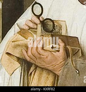 La peinture la Vierge avec chanoine Joris van der Paele (c. 1436) de Jan van Eyck montre le chanoine donateur Joris van der Paele agenouillé devant la Vierge Marie et l'enfant, flanqué par les saints George et Donatian, et illustre la précision de la peinture à l'huile, la richesse des couleurs et le symbolisme iconographique au début des pays-Bas Banque D'Images