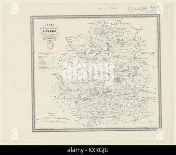 Une carte détaillée de 1838 du département de l'Indre en France, montrant les limites administratives, les villes, les rivières et les voies de transport. La carte donne un aperçu de la géographie et des pratiques cartographiques françaises du XIXe siècle. Banque D'Images