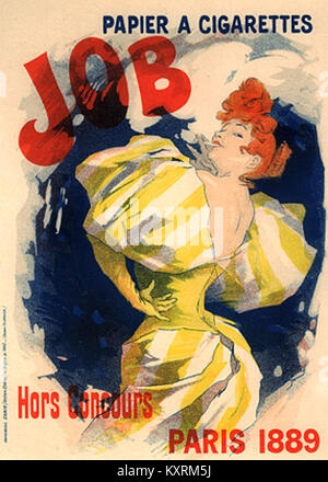 Une publicité vintage de Jules Chéret pour Job cigarette Papers, reflétant le commerce français du début du XXe siècle L’affiche met en lumière le style artistique de Chéret et l’évolution du design publicitaire à l’époque belle époque. Banque D'Images