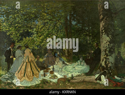 *Le déjeuner sur l'herbe* de Claude Monet (le déjeuner sur l'herbe) dépeint une scène extérieure sereine avec des personnages dégustant un repas dans un cadre naturel, capturant les techniques de peinture impressionnistes. Banque D'Images