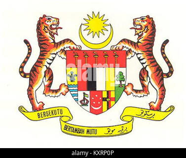 Les armoiries de la Malaisie, utilisées de 1963 à 1965, présentent un bouclier flanqué de tigres, représentant l'unité nationale, les états fédéraux et la souveraineté. Banque D'Images