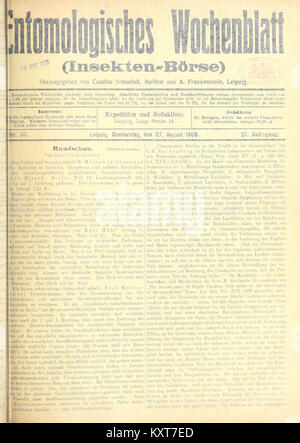 Cette image montre la page 143 du *Entomologisches Wochenblatt* (échange d'insectes), une revue dédiée à l'entomologie. La page présente des articles sur les études et la recherche sur les insectes dans une perspective historique. Banque D'Images