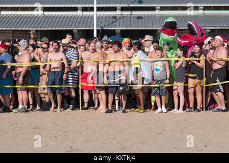 Les premiers nageurs attendre l'entrée dans l'Atlantique à la 114e Polar Bear Club le jour de l'an nager. Banque D'Images