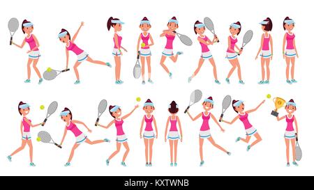 Joueur de tennis femme vecteur. Jouer avec la balle. Différentes poses. Dans l'action. Télévision Cartoon Illustration Illustration de Vecteur