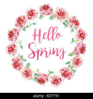 Bonjour printemps dans le cadre de la ronde des fleurs, branches et feuilles. Illustration à l'aquarelle. Concevoir pour les invitations de mariage, cartes de vœux. Banque D'Images