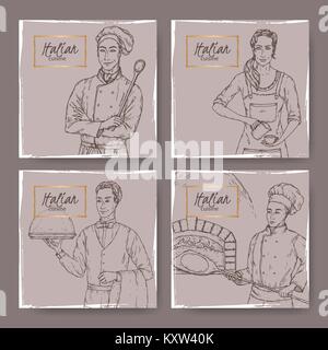 Ensemble de quatre étiquettes vintage café italien avec Cook, baker, serveur et barista de croquis. Illustration de Vecteur