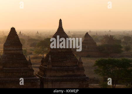 Vue panoramique de la plaine de Bagan avec de nombreux temples et pagodes à Bagan, Myanmar (Birmanie) au lever du soleil. Banque D'Images