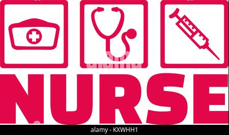 Des icônes pour infirmière infirmière avec stéthoscope, robe et d'injection et titre d'emploi Banque D'Images