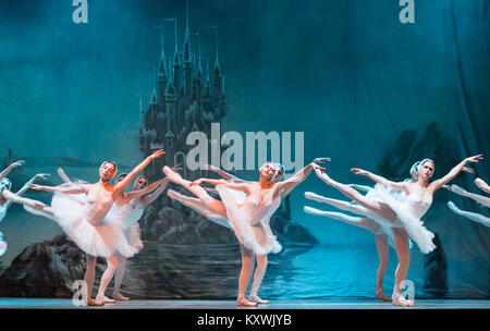 Essen, Allemagne. 10 janvier, 2018. Le Lac des cygnes, ballet composé par Piotr Ilitch Tchaïkovski, effectuée par l'État du Bélarus Ballet Bolchoï (réalisé par Yuri Trayan) au Stadthalle Wetzlar. Avec danse scène cygnes blancs. Crédit : Christian Lademann Banque D'Images