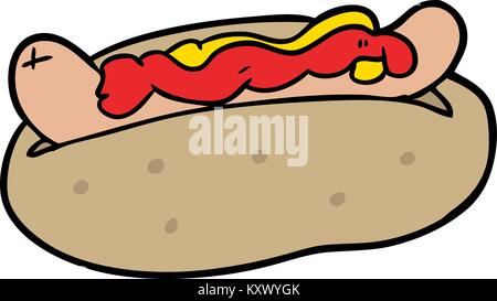 Hot-dog caricature avec de la moutarde et du ketchup Illustration de Vecteur