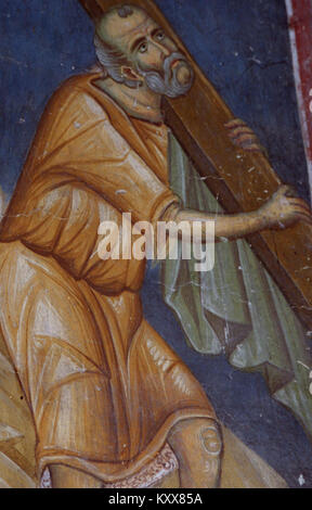 Les fresques de l'église Nicolas de Varos présentent de l'art religieux d'influence byzantine, représentant des scènes bibliques et des saints aux couleurs vives. Ces œuvres représentent des exemples significatifs de peinture murale chrétienne médiévale et du patrimoine régional. Banque D'Images