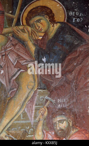 Fresques médiévales de l'église de Saint Nicolas à Varoš, représentant des scènes religieuses chrétiennes et une iconographie importantes pour l'art byzantin et le patrimoine serbe. Banque D'Images