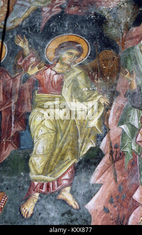 Ces fresques de Nicolas de Varoš se concentrent sur la représentation des saints et des événements bibliques, reflétant la signification spirituelle de l'art orthodoxe dans la région. Banque D'Images