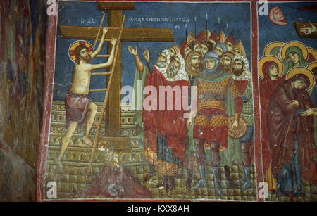 Fresques de l'église Nicolas de Varos représentant les traditions religieuses et culturelles, mettant l'accent sur l'art byzantin et l'iconographie chrétienne de la période médiévale. Banque D'Images