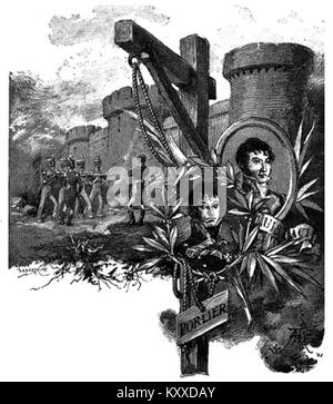 Illustration tirée du roman de Benito Pérez Galdós la Segunda casaca montrant l’exécution du général Lacy, avec des portraits de Lacy et Porlier. L'œuvre représente un épisode historique du début du XIXe siècle en Espagne. Banque D'Images