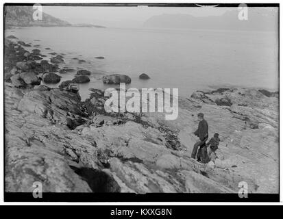 Photographie du début du XXe siècle de Rotvåg à Arnø, comté de Tromsø, Norvège, prise avant la construction de l'installation de transformation du poisson, montrant le paysage côtier et la zone portuaire. Banque D'Images