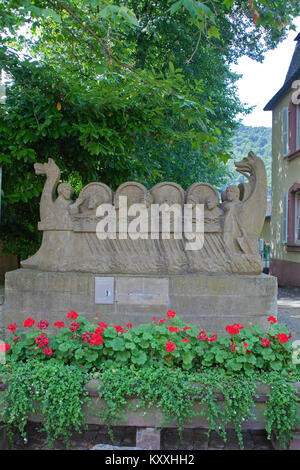 Jolly, steerman montre la sculpture sur pierre de vin romain, navire trouver historique à Neumagen-Dhron, Moselle, Rhénanie-Palatinat, Allemagne, Europe Banque D'Images