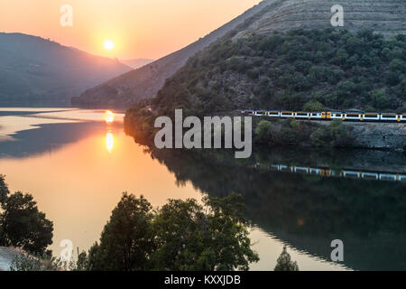 La suite de l'fer Douro au coucher du soleil entre Folgosa et Pinhao. Dans la région viticole du Haut-Douro, Nord du Portugal Banque D'Images