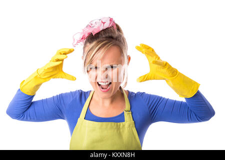 Fatigué, frustré et épuisé cleaning woman isolated on white Banque D'Images