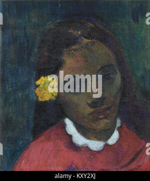 Le tableau de Paul Gauguin, « Tête de Tahitienne », est un portrait d'une femme tahitienne créé lors de son séjour en Polynésie française, illustrant son style post-impressionniste et mettant l'accent sur les sujets locaux et les contrastes de couleurs. Banque D'Images