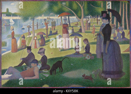 Le tableau « Un dimanche après-midi sur l’île de la Grande Jatte » de Georges Seurat représente des Parisiens qui se détendent dans un parc sur une île de la Seine en dehors de Paris. Exécuté en 1884-1886 à l'huile sur toile, il est un point de repère de la technique pointilliste et néo-impressionniste connue pour ses petits points de couleur pure et de scène composée mais naturelle.  :ContentReference[oaicite :0]{index=0} Banque D'Images