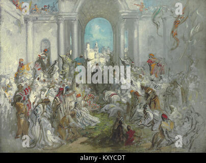 Gravure de l’artiste français Gustave Doré représentant l’entrée du Christ à Jérusalem, illustrant une scène biblique avec des figures détaillées, une architecture et une composition expressive caractéristiques des œuvres religieuses de Doré. Banque D'Images