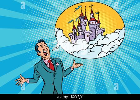 Confident businessman propose un fabuleux château dans le ciel. Caricature de bande dessinée illustration rétro pop art Illustration de Vecteur