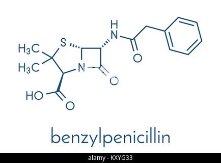 La pénicilline G (benzylpenicillin) molécule d'antibiotiques. Utilisé pour traiter des infections bactériennes ; appartient à la classe des bêta-lactamines. Formule topologique. Illustration de Vecteur