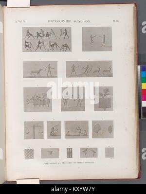 Cette image représente un bas-relief et des peintures des tombes de Beni Hasan en Égypte, mettant en valeur des scènes de l'Empire du milieu. Ces œuvres font partie de la vaste collection d'antiquités égyptiennes, illustrant la vie quotidienne et les pratiques culturelles de cette période. Banque D'Images