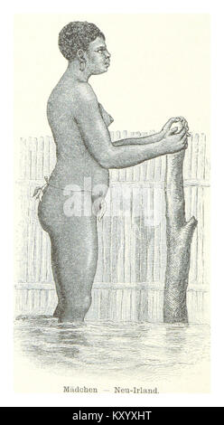 Une illustration de 1883 représentant une jeune fille de Nouvelle-Irlande, montrant les vêtements traditionnels et le contexte culturel de la région, donnant un aperçu de la vie quotidienne et des vêtements de la fin du XIXe siècle. Banque D'Images