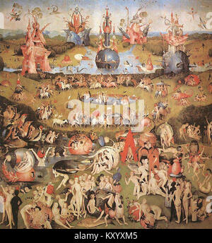 Le tableau 'le jardin des délices terrestres' de Hieronymus Bosch fait partie d'un triptyque. Le panneau central, connu sous le nom de 'Mitteltafel', représente une imagerie surréaliste et fantastique, mettant en valeur la représentation de l'artiste du paradis et de la condition humaine. Banque D'Images