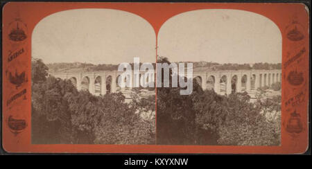 Cette image stéréoscopique capture High Bridge, New York, mettant en évidence la structure historique du pont et son importance dans l'infrastructure New-yorkaise du XIXe siècle. Banque D'Images