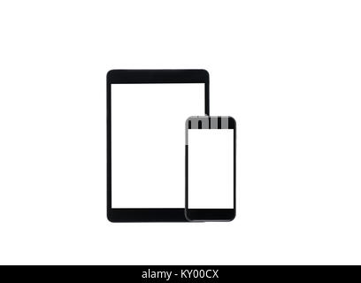 Organisé digital tablet et smartphone avec écrans vierges isolated on white Banque D'Images