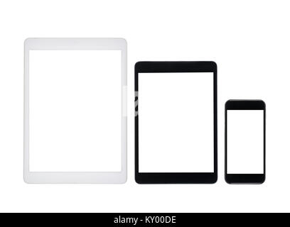 Ensemble de tablettes numériques et smartphones avec écrans vierges isolated on white Banque D'Images