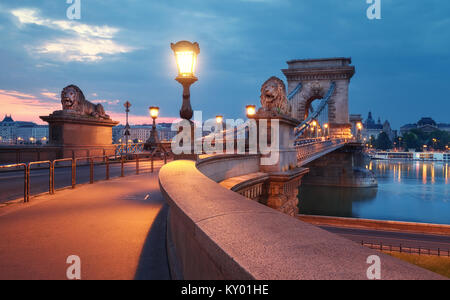 Czechenyi Pont des Chaînes à Budapest, Hongrie, tôt le matin. L'accent sur le pont. Cette image est tonique. Banque D'Images