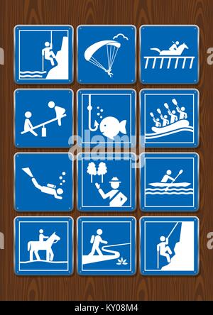 Icônes jeu de parachute, plongée, hippodrome, jeux pour enfants, équitation, rafting, randonnée pédestre. Icônes de couleur bleue sur fond de bois Illustration de Vecteur