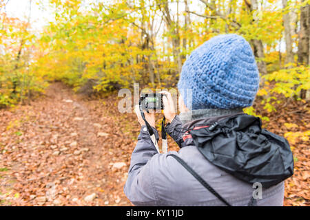 Jeune femme à prendre des photos avec l'appareil photo sur le chemin de randonnée pédestre à travers le feuillage automne coloré orange automne forêt avec beaucoup de feuilles sèches tombées sur le chemin à l'Ouest Banque D'Images