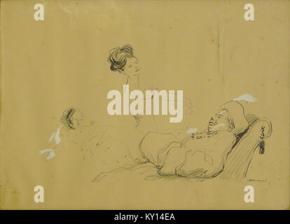 Cette œuvre de Jean-Louis Forain, intitulée 'les deux écoles', est exécutée au crayon, à l'encre et à la couleur du corps sur une feuille de 49x36 cm, mettant en valeur les techniques d'illustration du XIXe siècle. Banque D'Images