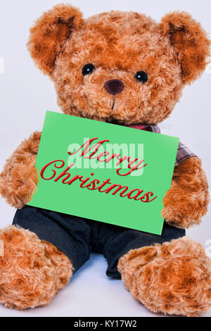 Mignon ours en peluche tenant un panneau vert qui dit Joyeux Noël isolé sur fond blanc Banque D'Images