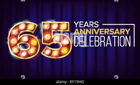 65 ans anniversaire Banner vecteur. Soixante-cinq, soixante-cinquième célébration. Vintage Golden allumé lumière néon Numéro. Pour l'anniversaire de l'entreprise traditionnels Design. Illustration de fond bleu classique Illustration de Vecteur