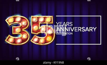35 ans anniversaire Banner vecteur. Trente-cinq, trente-cinquième célébration. Vintage Golden allumé lumière néon Numéro. Pour l'anniversaire de conception de modèle de l'affiche. Fond bleu Illustration moderne Illustration de Vecteur