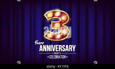 3 ans anniversaire Banner vecteur. Trois, troisième célébration. Vintage Golden allumé lumière néon Numéro. Pour partie, la bannière, la conception d'un insigne. Fond bleu Illustration moderne Illustration de Vecteur