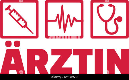 Femme médecin allemand avec fréquence cardiaque injection and stethoscope Banque D'Images