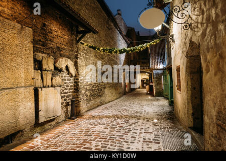 Tallinn, Estonie. Pierres tombales anciennes à St Catherine's Passage de St Catherine's Monastère dominicain de nuit. Centre historique de la vieille ville de Tallinn Banque D'Images