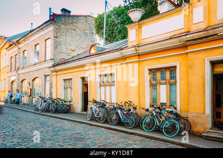 Tallinn, Estonie. Les vélos de location de vélos Parking gratuit près de l'ancienne maison en vieille ville en soirée d'été. Tourisme à bicyclette. Banque D'Images