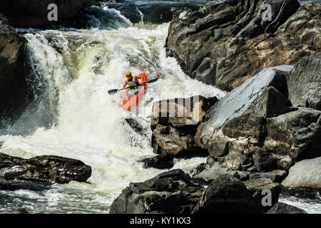 La kayakiste careening bas grande tombe sur la rivière Potomac, Great Falls National Park Banque D'Images