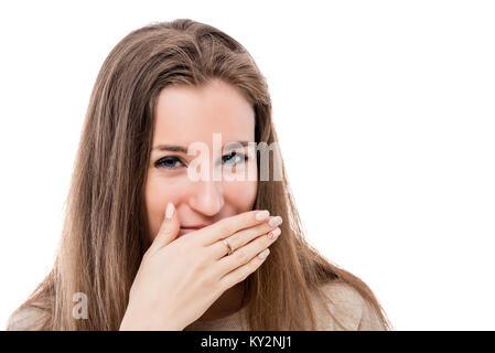 Portrait d'une jeune fille avec une mauvaise odeur de sa bouche sur un fond blanc isolé Banque D'Images