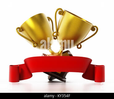 Tasses d'or et ruban rouge isolé sur fond blanc. Banque D'Images