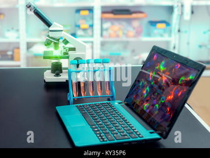 Microscope et ordinateur portable avec image microscopique sur table d'observation, dans un laboratoire moderne Banque D'Images