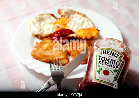 DORKOVO, BULGARIE - février 08, 2017 : Gros plan sur une seule bouteille de Heinz Tom et petit déjeuner d'oeufs sur fond clair et simple. Heinz a commencé à man Banque D'Images
